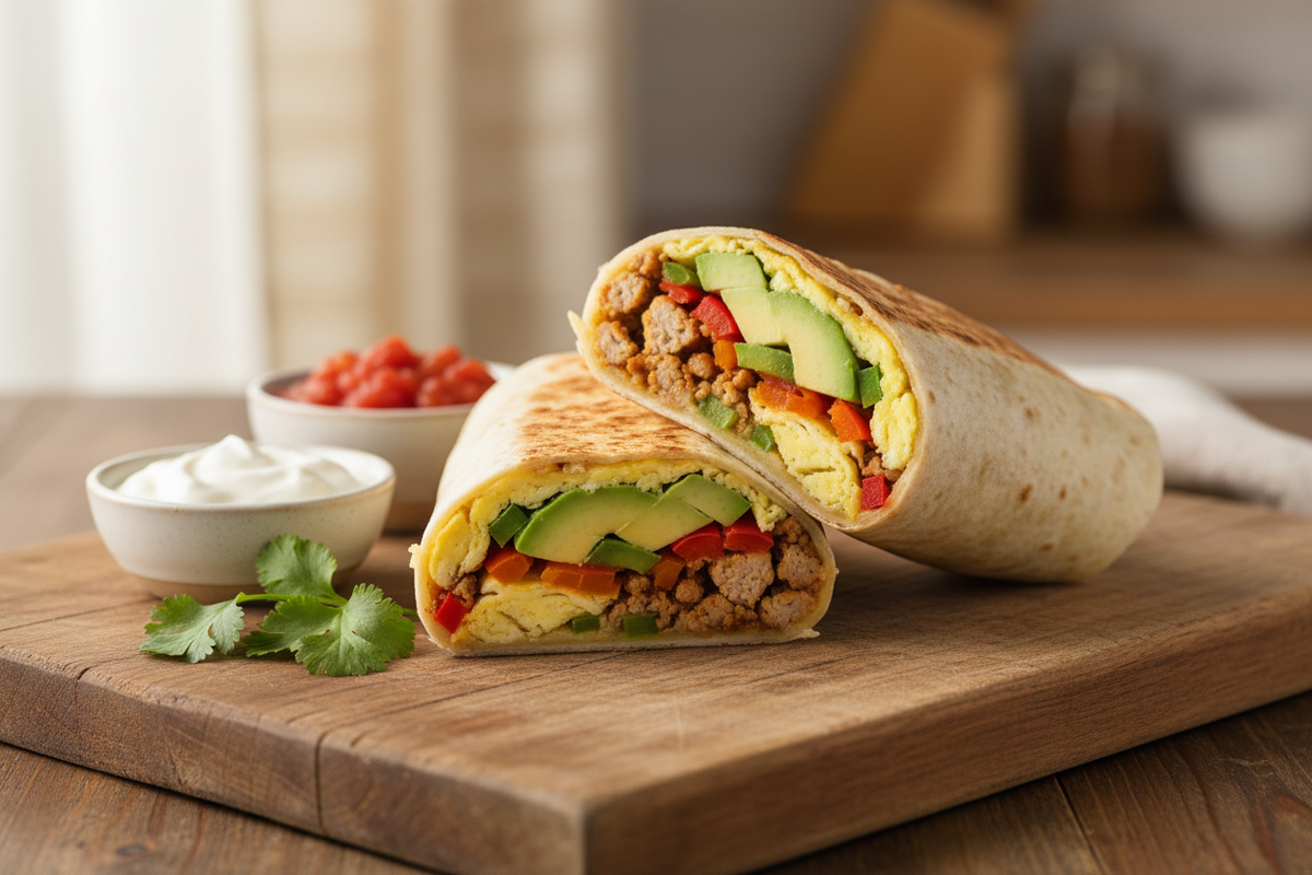 The Ultimate Breakfast Burrito sliced on a white plate showing lean ground turkey, scrambled eggs, peppers, and avocado filling